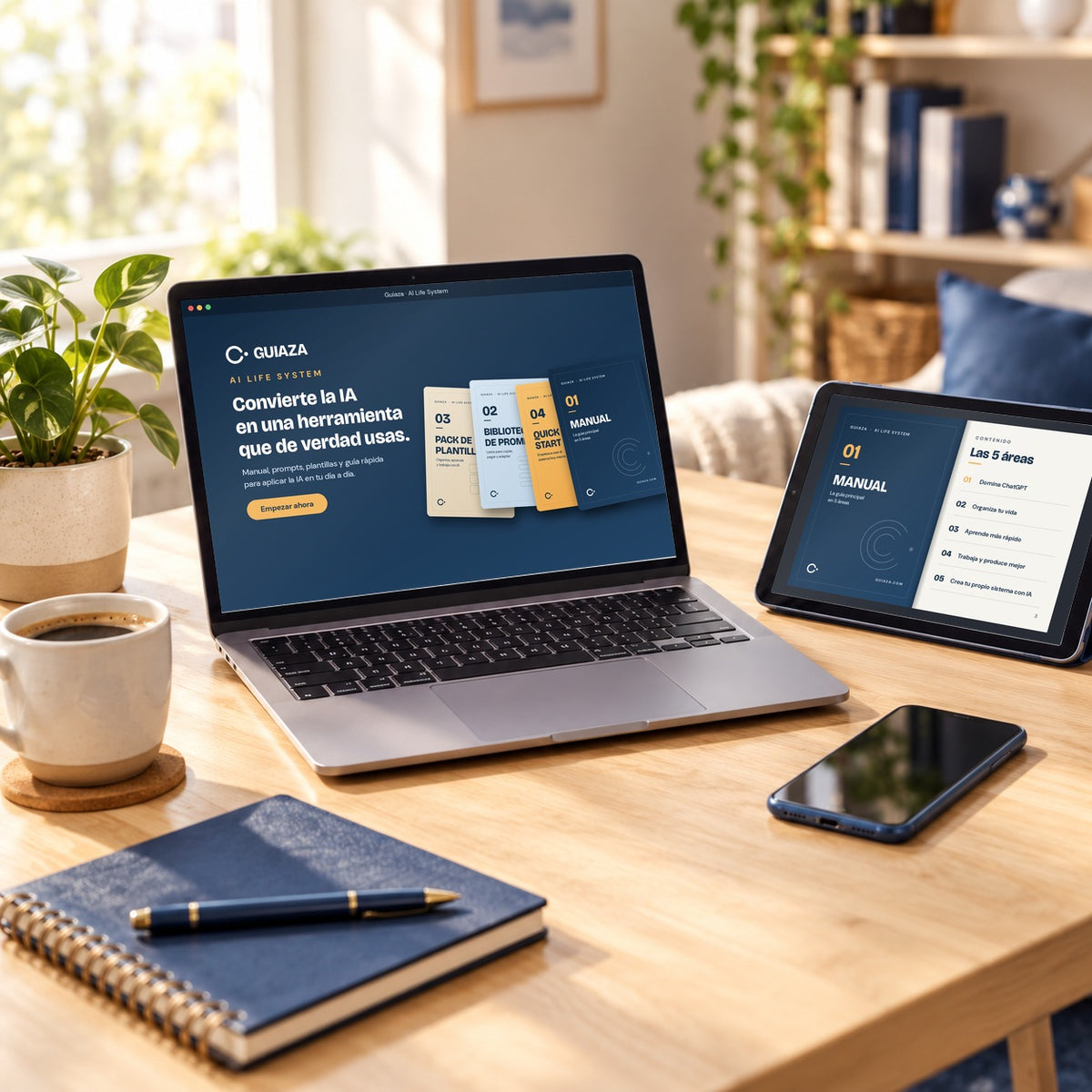 Manual AI Life System de Guiaza en un portátil y una tablet sobre un escritorio