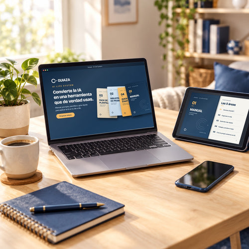 Manual AI Life System de Guiaza en un portátil y una tablet sobre un escritorio